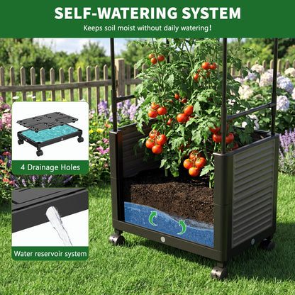 UrGROWA Raised Garden Bed Planter Box with Trellis, 61''H Tomato Planters for Climbing Plants Vegetable Vine Flowers Outdoor Patio Tomato Cage, Self Watering Planter with Wheels