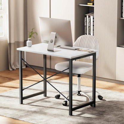Sweetcrispy Computer Desk, Small Office 32 Inch Writing Work Study Student Teacher Home Bedroom Table with Metal Frame Wood Tabletop - White