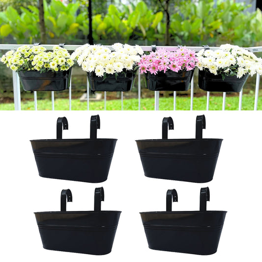 LaLaGreen Outdoor Rail Planter Plants (4 Pack, 11.2 Inch) Black Metal Iron Hanging Flower Pots Deck Railings Fence Buckets Modern Boho Style Wall Mount Window Box Plant Holder with Hooks Porch Decor