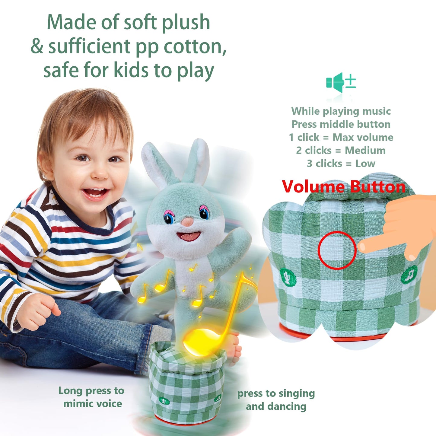 Talking Dancing Bunny Baby Toy for Kids Interactive Plush Toddlers Toys Talking Bunny Repeats What You Say Realistic Plush Educational Toy Teen Easter Bunny Basket stuffers Gifts Girls Boys Birthday
