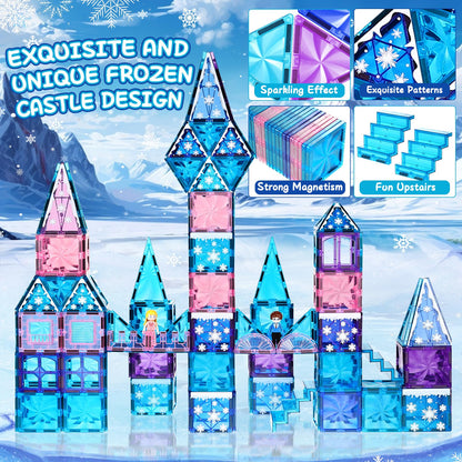 Diamond Magnetic Tiles Set 145PCS with Magnetic Doodle Kit, 3D Blocks Magnet Toys for Girls 3 4-7,8-12, Stem Toys Princess Castle Include 2 Stairs 2 Dolls Decals Stickers,3 4 5 6 7 8+ Girls Xmas Gift