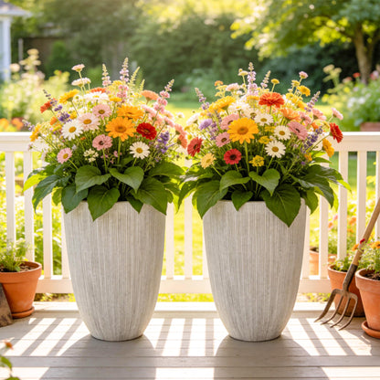 Ultym 19" Tall Planter for Indoor Outdoor Plants, Set of 2 Large Flower Pot with Drainage Hole, Weather/UV-Resistant Resin Planters for Garden Patio Porch Home office Decor, Mediterranean Beige Fluted