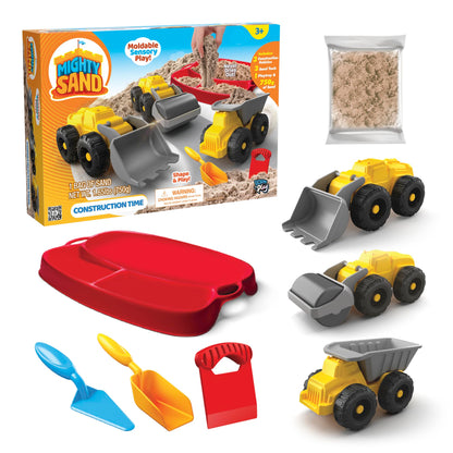 Mighty Sand Construction Time Playset for Kids – Soft Moldable Sand, Trucks, Tools & Play Tray for Sensory Building Fun and Imaginative Play Without Mess
