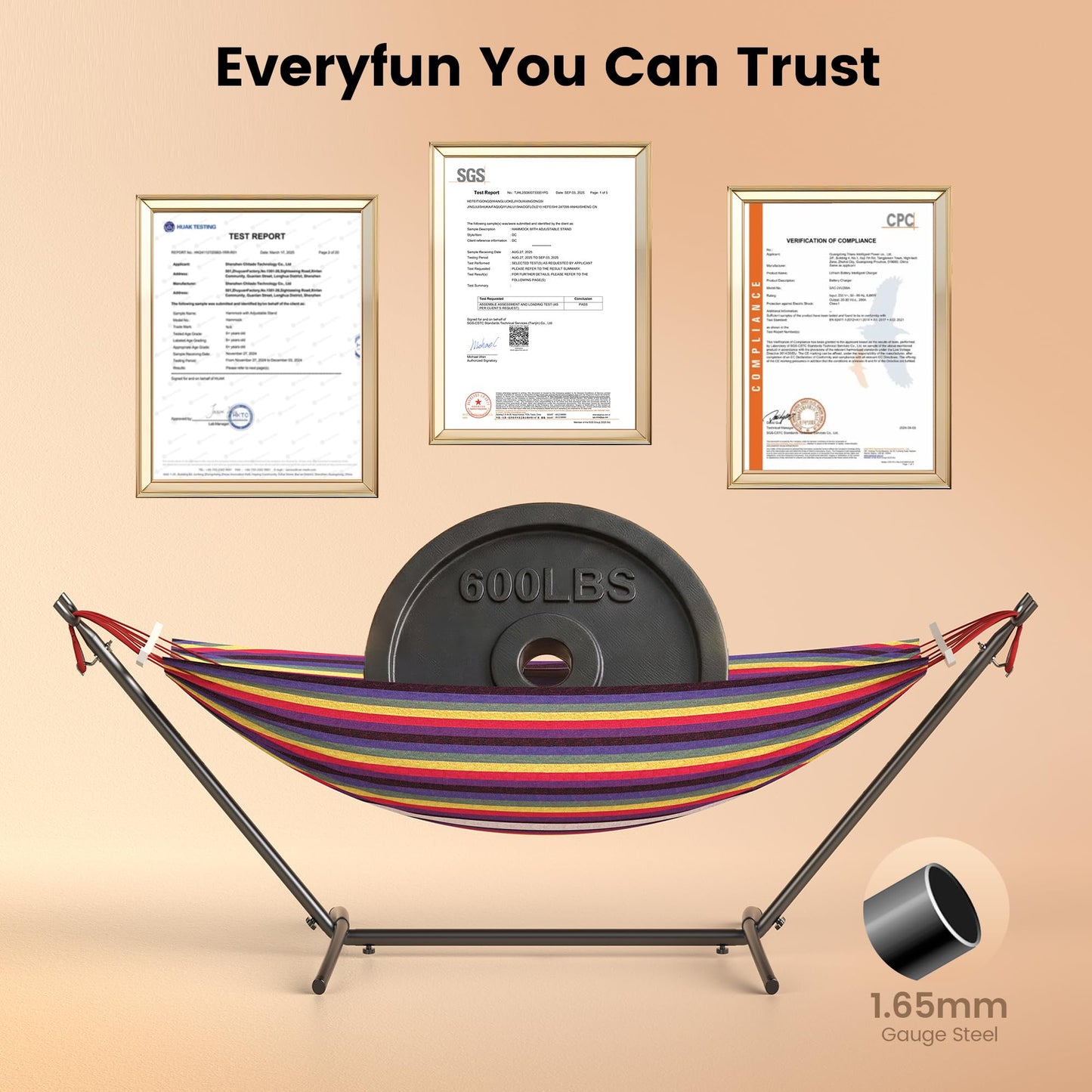 EveryFun Double Hammock with Heavy-Duty Steel Stand,Portable,Easy Assembly,600lbs Weight Capacity,Perfect for Indoor,Yard,Camping,or Outdoor-Rainbow