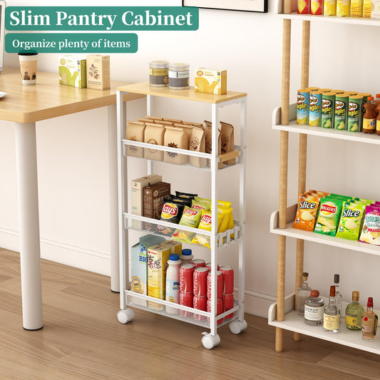 TIPGO Utility Slim Storage Cart, 4 Tier Rolling Cart with Wheels, Narrow Storage Cabinet for Bathroom, Laundry Shelves for Room Organization, Small Organizer for Kitchen, Office and Dorm (White)