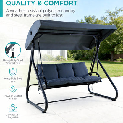 GarveeLife 3-Seat Outdoor Swing Glider with Canopy, Converts to Flat Bed, Adjustable Shade, Removable Cushions, Heavy-Duty Steel Frame, 750 lbs Capacity, for Patio, Backyard, Porch or Garden, Blue