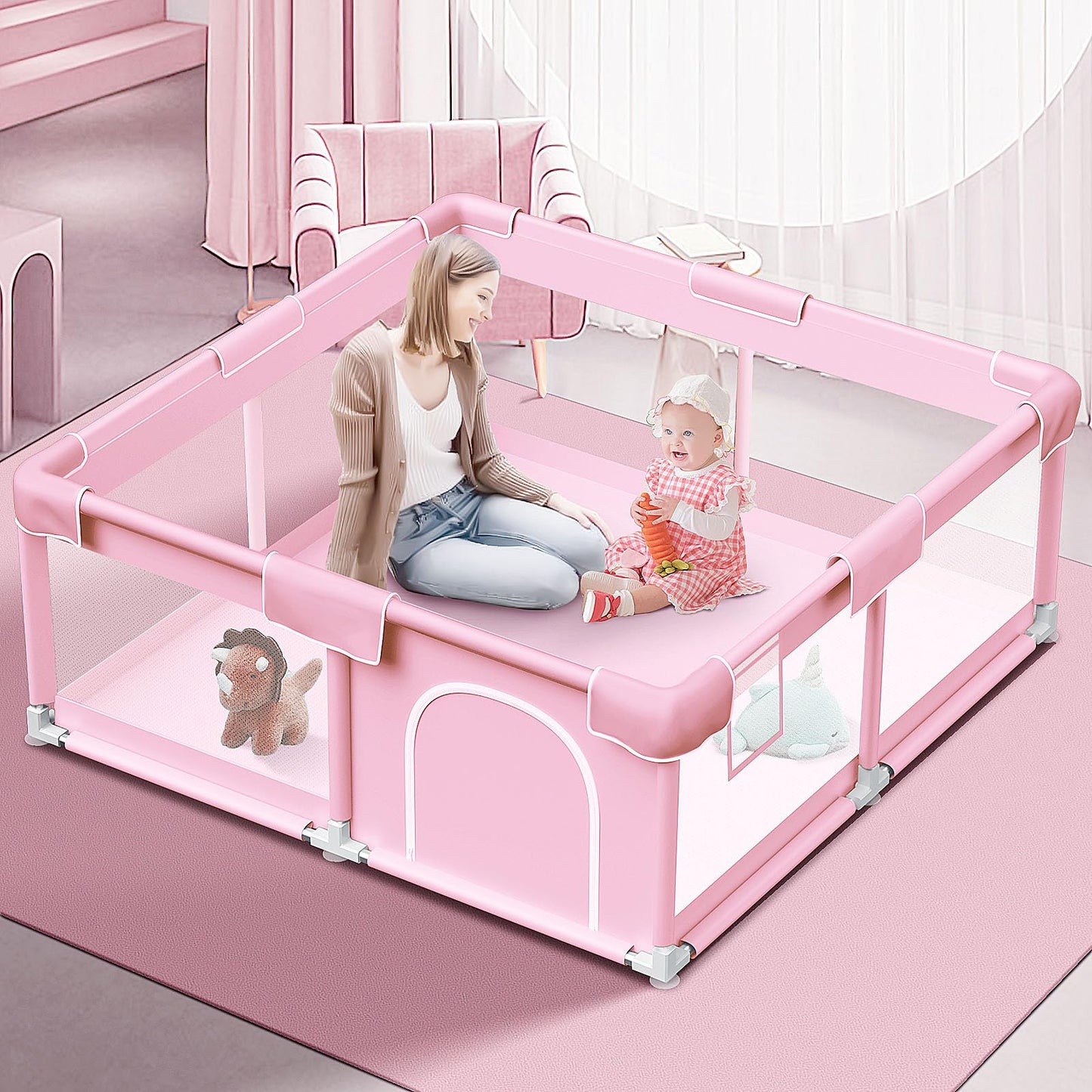 Pink Baby Playpen 50x50 Inches Playpen for Little Princess Play Yards Indoor & Outdoor Sturdy Safety Baby Girls Play Pen with Soft Breathable Mesh Toddlers Activity Center with Anti-Slip Base