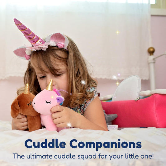 PixieCrush Unicorn Stuffed Animal Set - 5 Plush Toys for Girls with Narwhal, Puppycorn, Kittycorn and Rainbow Unicorn - Soft Plushies with Carry Case - Gift for Kids Ages 3 and Up