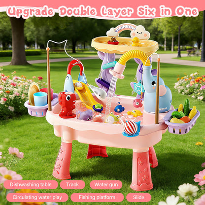 NOPROB 2027 Upgraded Toddlers 1-3 Water Table with Electric Pump, Kids Water Table with Faucet Play Food Accessories Fishing Toy, Kitchen Play Sink Toys for Girl Boy Age 4-8 (Pink)