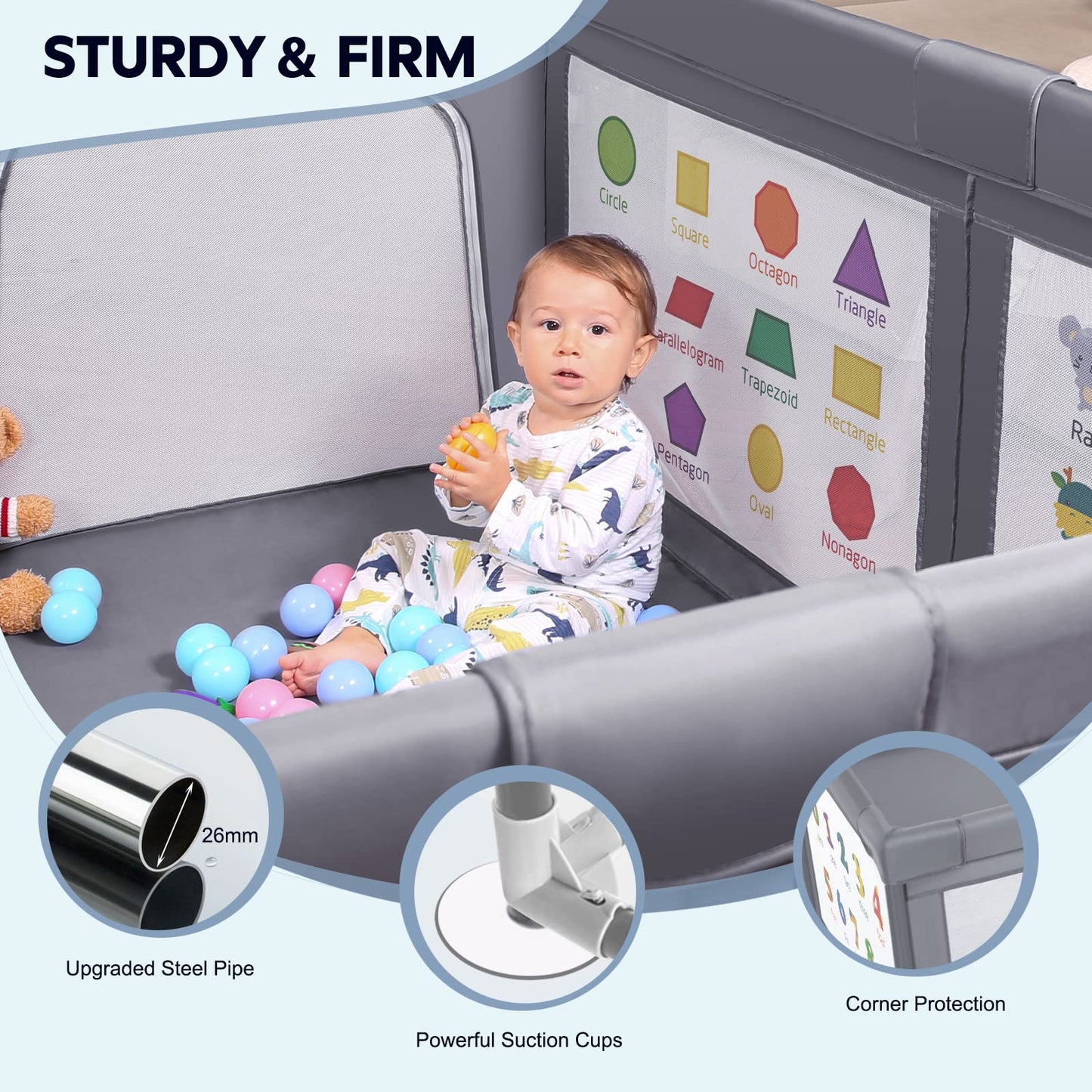 VOOVC Baby Playpen for Babies and Toddlers, 71x60 Inches Thickening Tube Baby Playards Kids Activity Center with Anti-Slip Suckers Tear-Resistant Mesh