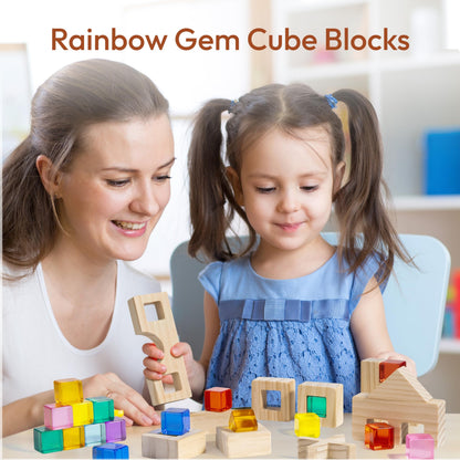 Woodtoe Wooden Rainbow Building Blocks Set for Toddlers, 22 PCS Wooden Blocks & 25 PCS Gem Cubes Stacking Blocks, Montessori Stacking Toys, Educational STEM Birthday Toys Gifts for Kid Boy Girl 3-6