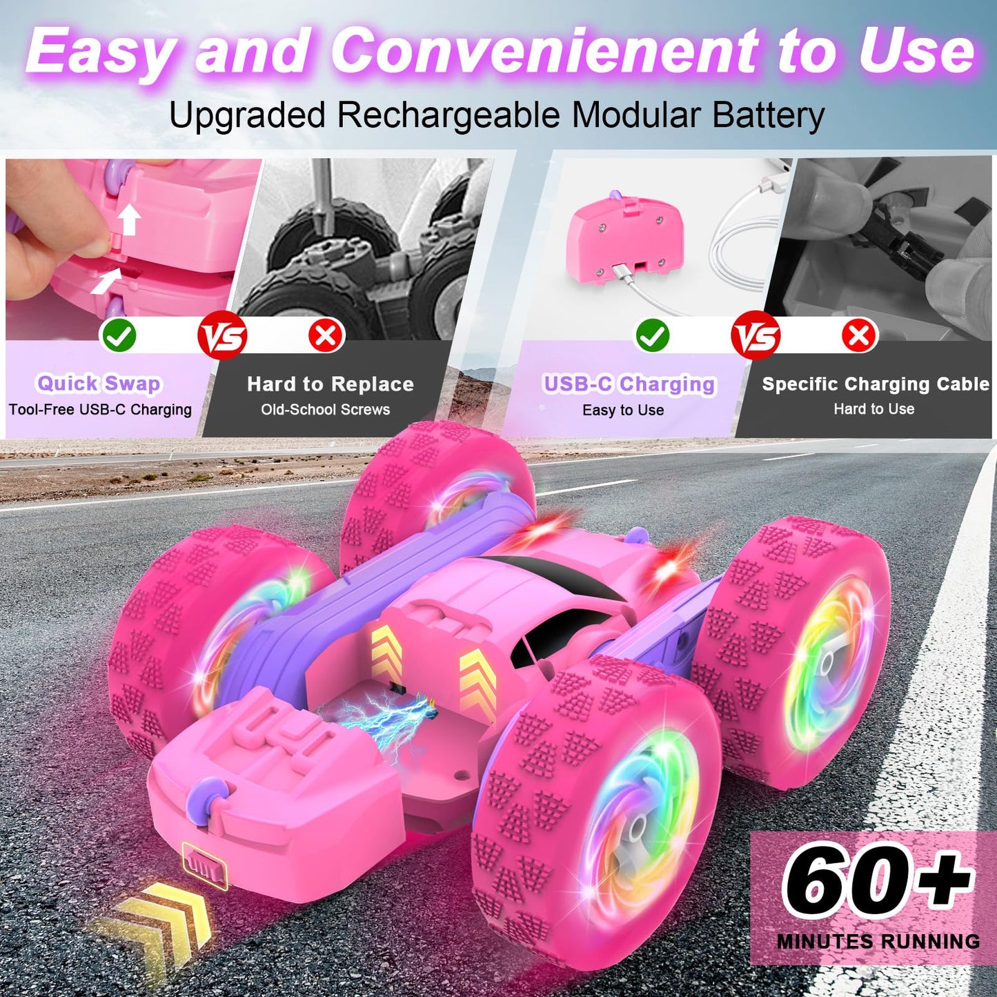 FDCTR Remote Control Car, RC Cars for Girls, 2.4 GHz Double Sided RC Crawler with Upgraded USB-C Modular Battery, 360°Rotating Car Toys for 6 7 8 9 10 11 12 Year Old Girl Birthday Gift Pink-Purple