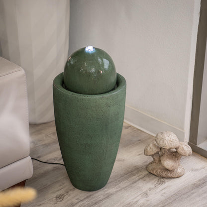 XBrand 26" Modern Sphere Water Fountain with LED Light – Indoor Outdoor Stone Texture Floor Fountain, Zen Bubbling Ball Water Feature for Garden Patio Porch - Green