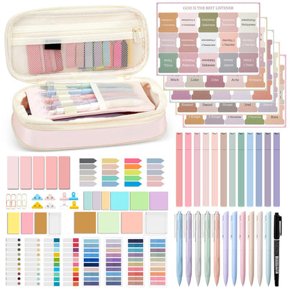 Chiisong 73 Pcs Aesthetic Bible Journaling Study Supplies Book Annotation Kit Pencil Case 12 Highlighters 14 Sticky Notes 5 Gel Pens 6 Press Pens 12 Labels for Christmas Bible School Gift(Pink)
