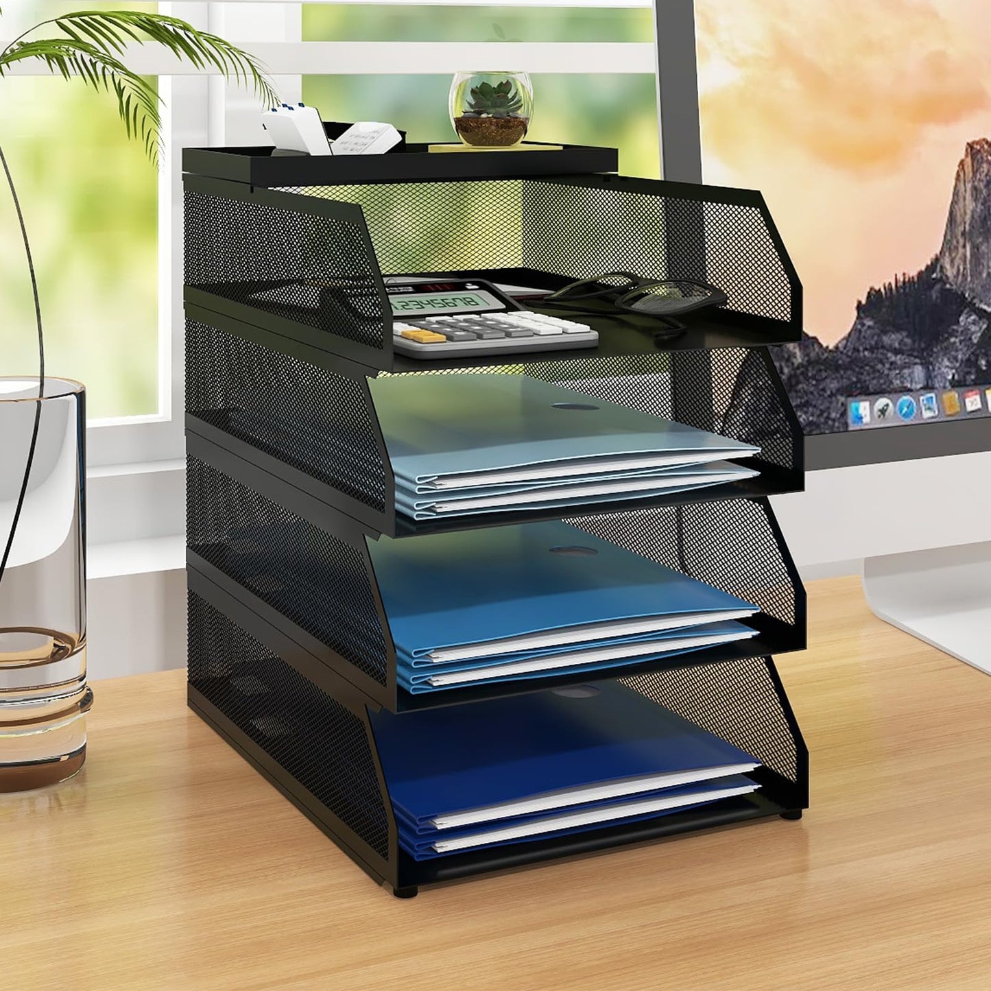 Natwind 4-Tier Paper Organizers,Desk Organizer,Stackable Paper Tray, Desk Accessories,Metal Mesh Desktop Organizer,Letter Trays,File Document Storage Rack for for Home, Office, School (Black)