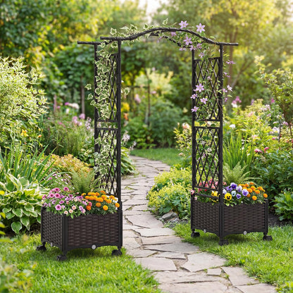 Giantex Planter Boxes with Arch Trellis, 5FT Self-Watering Tall Raised Garden Bed w/Wheels, Hanging Roof & Drainage Holes, Outdoor Indoor Tomato Planter for Climbing Vines Vegetables (60"x16"x58")