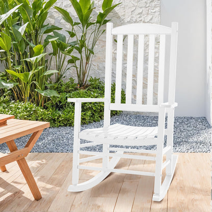 Besunbar Wooden Outdoor Rocking Chair, Oversized Patio Rocking Chair w/400lbs Support & High Backrest | Porch, Lawn, Garden, Backyard，White