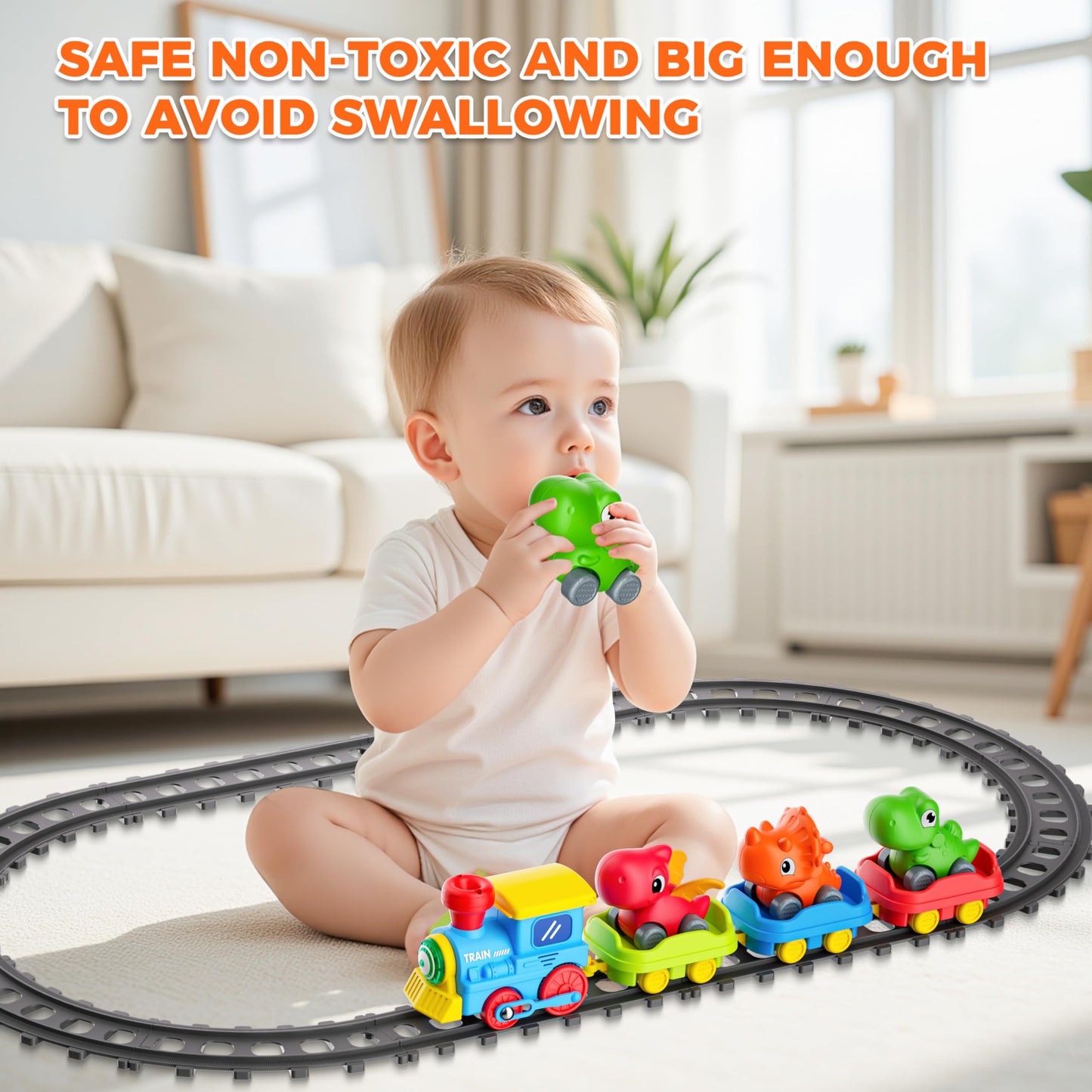 Train Set for Toddlers w/Steam, Music & Lights - Electric Train Toys for Kids w/Tracks Accessories, Including 3 Dinosaur Car and 3 Trailer, Christmas Birthday Gifts for 1-3 4 5 6+ Years Old Boys Girls