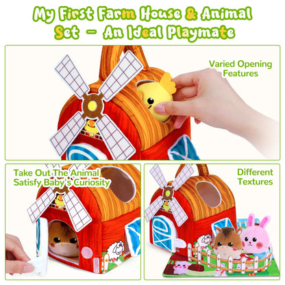 Baby Toys 6-12 Months, Barn Farm Soft Stuffed Animal Set with Windmill Fence Rattle Crinkle Paper, Sensory Toys for Babies Toddlers Montessori Toys for 6 9 Months Old Boy Girl