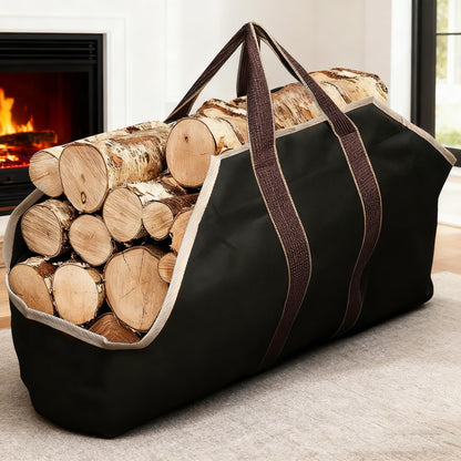 AMAGABELI Large Canvas Log Tote Bag Firewood Carrier Heavy Duty Fireplace Log Holder Fire Wood Carriers Carrying with Handle Wood Sling Fire Place Outdoor Cabin Stove Accessories Black-Enclosed Ends