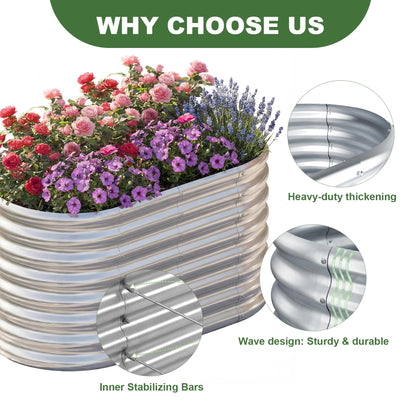 AHEONLAR 2 Pack 4×2×2ft Galvanized Raised Garden Bed Outdoor,Oval Sturdy and Durable Planter Boxes for Vegetables, Fruits, Flowers and Plants, Easy Assembly, Silver