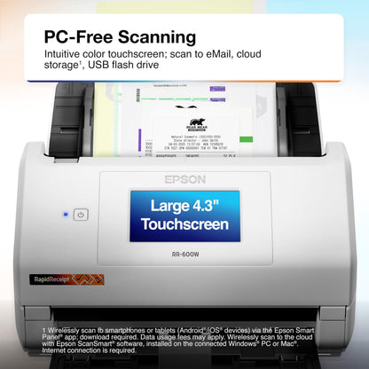 Epson RapidReceipt RR-600W Wireless Desktop Color 2-Sided Document & Tax Receipt Scanner with ScanSmart AI PRO Data Management Software for PC & Mac Touchscreen & 100-Page Auto Document Feeder