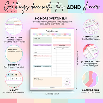 ADHD Daily Planner Notepad for Neurodivergent Adults - Productivity Daily Planner Desk Pad & Task Management to Stay Organized and Focused Note Pad (Rainbow, A4 Portrait)