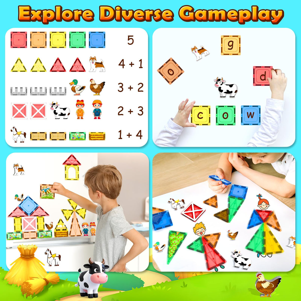Magnetic Tiles Toys with Farm Animals for 3+ Year Old Toddler, Magnetic Blocks Building Toys for Kids Ages 3-5 5-7 Girls Boys, Classroom Must Haves