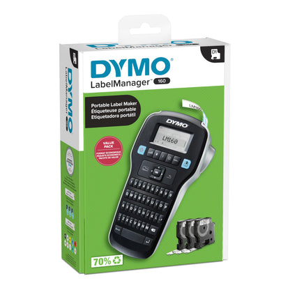 DYMO LabelManager 160 Portable Label Maker Bundle, Easy-to-Use, One-Touch Smart Keys, QWERTY Keyboard, Large Display, For Home & Office Organization, Includes 3 D1 label cassettes