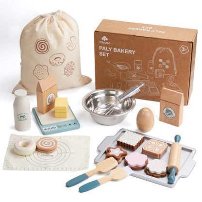 Wooden Play Food Sets for Kids, Pretend Play Kitchen Accessories with Shopping Bag, Cutting Toys, Gift for Boys and Girls Ages 3-6
