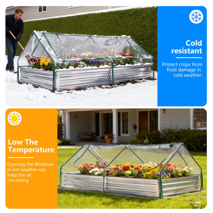 DUMOS 8x4x1ft Galvanized Raised Garden Bed with Cover, Planter Box Outdoor for Deep-Rooted Herbs/Flowers/Vegetables, Open Base Metal Garden Bed Mini Greenhouse for Patio/Balcony/Backyard, Silver