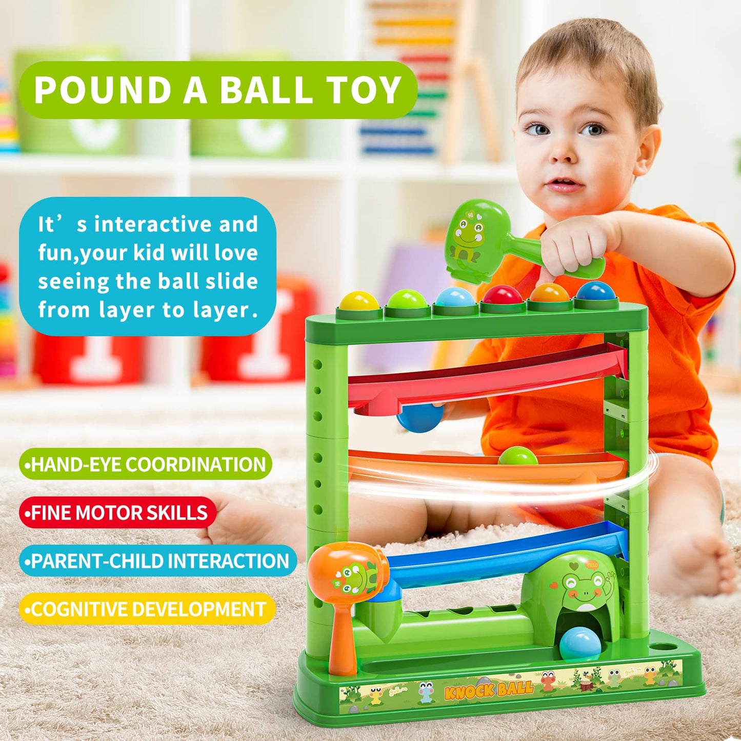 OCHIDO Toddlers Toys for 1 2 3+ Years Old Kids, Pound A Ball Included 2 Hammer & 12 Balls, Montessori Toys for Interactive Game for Boys and Girls, Early Learning Educational Gift