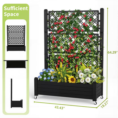 PatioZen Raised Garden Bed with Trellis, 21 Gallon Self Watering Planter Box with Lockable Wheels & Drainage Holes for Climbing Plants Vegetables Flowers, Anti-Rust Resin for Backyard Patio (Black)