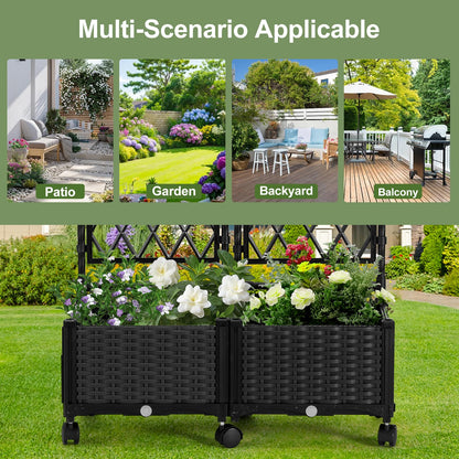 FOLLOOK Planter Box with Trellis, 4ft Tall Self-Watering Plastic Raised Garden Beds and Lattice Trellis with Lockable Wheels & Drain Plug for Outdoor Patio Backyard Balcony, Black, 2 Pcs