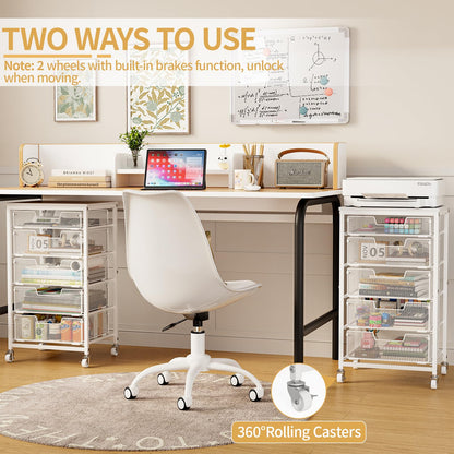 Sbanmao Utility Cart with 5 Drawers, Rolling Storage Cart with Wooden Tabletop and Lockable Wheels, Storage Drawer Cart with Drawers, Craft Cart for Bedroom, Classroom, Home, Office, White