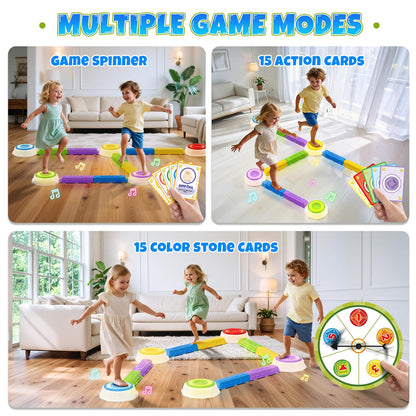 Wee Wonders Light Up Stepping Stones & Balance Beam for Kids, Step Stones with Piano Music, Game Spinner & 30 Cards, Non-Slip Sensory Obstacle Course Toys, Indoor Outdoor Gifts for Toddlers 3-5
