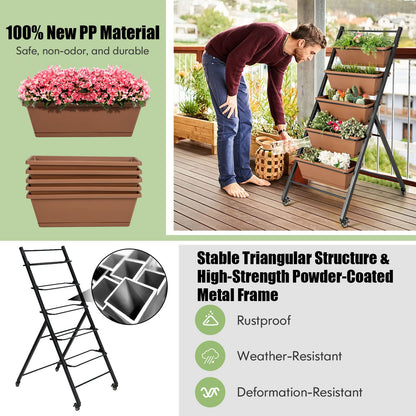 S AFSTAR 5-Tier Vertical Garden Planter, Raised Garden Bed with 2 Lockable Wheels, 6 Removable Planter Boxes, Metal Frame, Indoor Outdoor Elevated Planting Box for Flower Vegetables Fruit Herbs