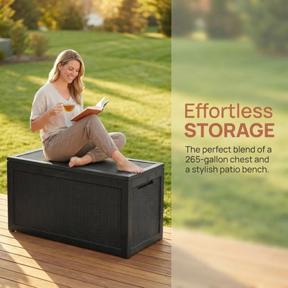 265 Gallon Resin Deck Box Outdoor Storage Chest, Large Waterproof Patio Storage Box All-Weather Garden Storage Container for Cushions, Pool Supplies, Yard Tools – Easy Assembly, Lockable Lid