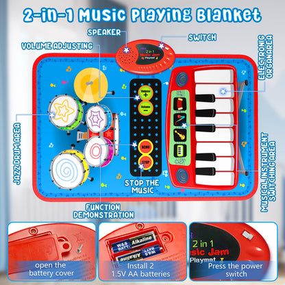 Oripira 2-in-1 Musical Mat Toys for 1 2 3 4 5 Year Old, Piano Keyboard & Drum Set with 2 Drum Sticks, Early Educational Musical Learning Toys Birthday for 1 2 3 4 5 Year Old Boys & Girls, Blue