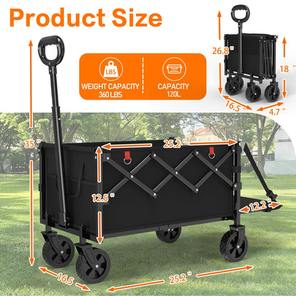 360LBS Collapsible Wagons Carts Foldable, 120L Heavy Duty Folding Beach Wagon Cart with Wheels and Tailgate, Portable Utility Outdoor Wagon for Grocery, Shopping, Garden, Sports, Camping