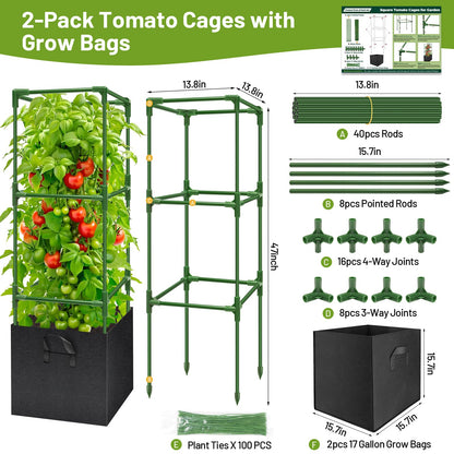 Legigo 2 Pack Tomato Cages with 17 Gallon Grow Bags- 47 Inch Square Tomato Cages for Garden, Heavy-Duty Tomato Stakes Plant Support Cages Trellis for Garden Vertical Climbing Plants Vegetables