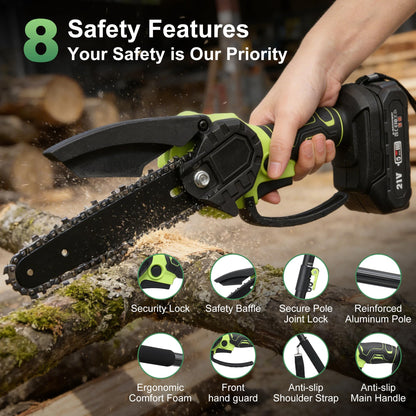 Electric Pole Saw, 6 Inch Battery Powered Tree Trimmer and Handheld Mini Chainsaw with Adjustable Extension Pole for Branch Limb Cutting,Pruning,Yard,Garden, Brushless Pole Saw