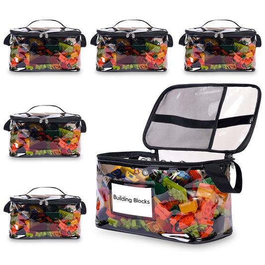 DOOHALO Toy Organizer Storage bags with Zippers for Toys, Board Games, Blocks, Puzzles, Dolls Storage, Large Reusable Clear TPU waterproof with Name Tang Mesh Pouches Grey Color 5 Packs