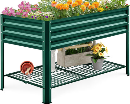 KING BIRD Large Raised Garden Bed with Legs & Storage Shelf Galvanized Elevated Planter Box for Backyard, Patio, Balcony, 400lb Capacity, Green 48×24×31.5 in