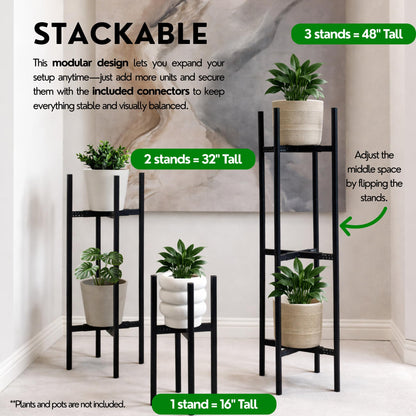 Adjustable 2-Tier Metal Plant Stand Indoor Outdoor- Set of 2 stackable plant shelfs. Heavy Duty Plant stands outdoor rustproof. Flower stand suitable for 8–12 Inch Pots by iSpaces
