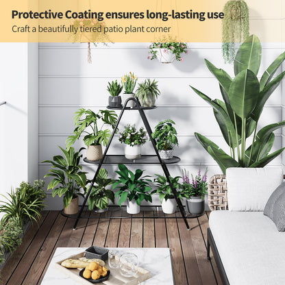 Furshus Plant Stand for Patio, 3-Tier Metal Plant Shelf–Indoor/Outdoor Display Rack for Multiple Pots, Heavy Duty Plants, Garden Flower Organizer (Black)