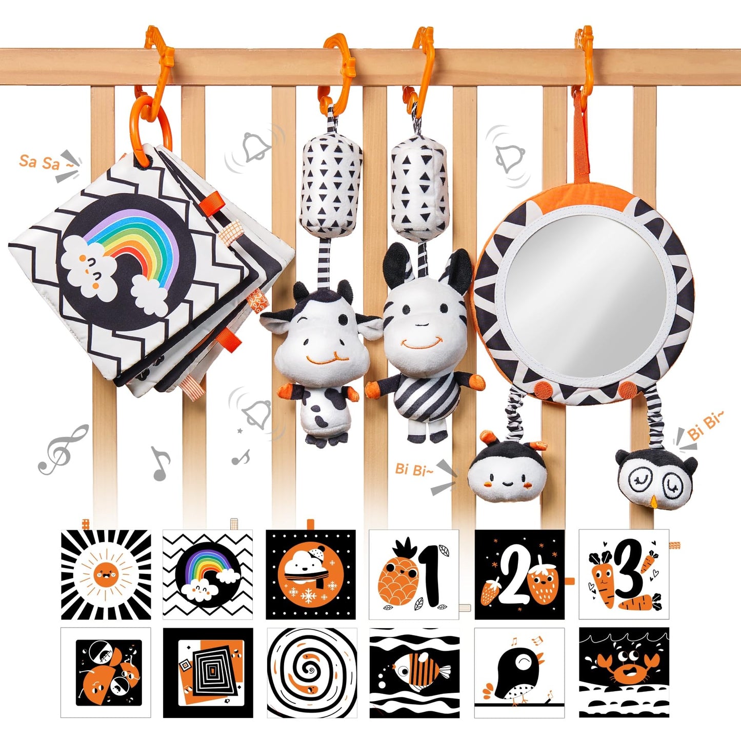 TUMAMA Black and White Baby Toys, High Contrast Tummy Time, Newborn Soft Books Mirror Rattles, Montessori Sensory 0-12 Months, Hanging Infant for Carseat Stroller Play Mat Crib