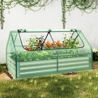 SAFSTAR Raised Garden Bed with Cover, 6FT x 3FT x 3FT Galvanized Bottomless Garden Bed with Greenhouse, Dual 2-Tier Roll-Up Windows, Outdoor Metal Planter Box Kit with Cover (Green)