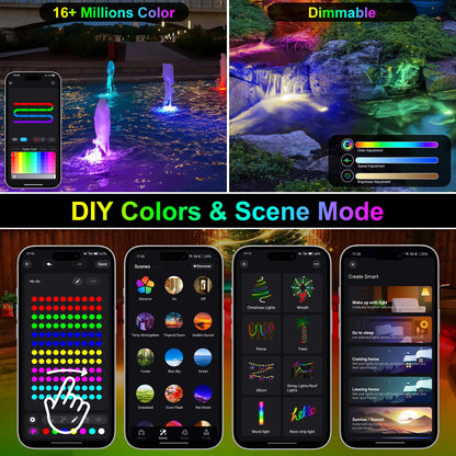 CREPOW RGB Underwater Pond Lights, Super Bright LED Submersible Fountain Light Colored Landscape Spotlights, Bluetooth APP Control IP68 Waterproof for Fish Aquarium Tank Garden Yard Pool (Set of 6)