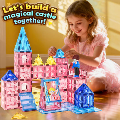 Coodoo Diamond Magnetic Tiles Magnetic Building Blocks STEM Sensory Toy for Boys Girls Pink Castle Dollhouse Pretend Princess Toys for 3 4 5 6 Year Old Girls Toys Birthday Xmas Present